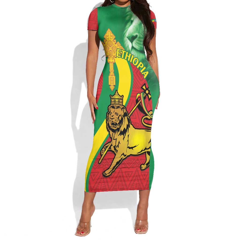 Ethiopia National Day Short Sleeve Bodycon Dress Ethiopia Lion of Judah African Pattern