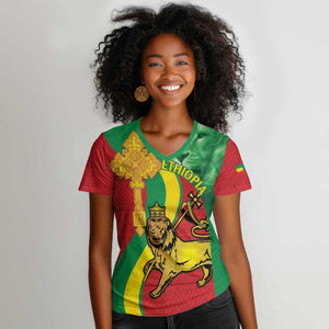 Ethiopia National Day Women V-Neck T-Shirt Ethiopia Lion of Judah African Pattern