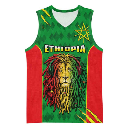 Personalised Ethiopia Basketball Jersey Men's Dreadlock Rasta Lion Headphones LT14