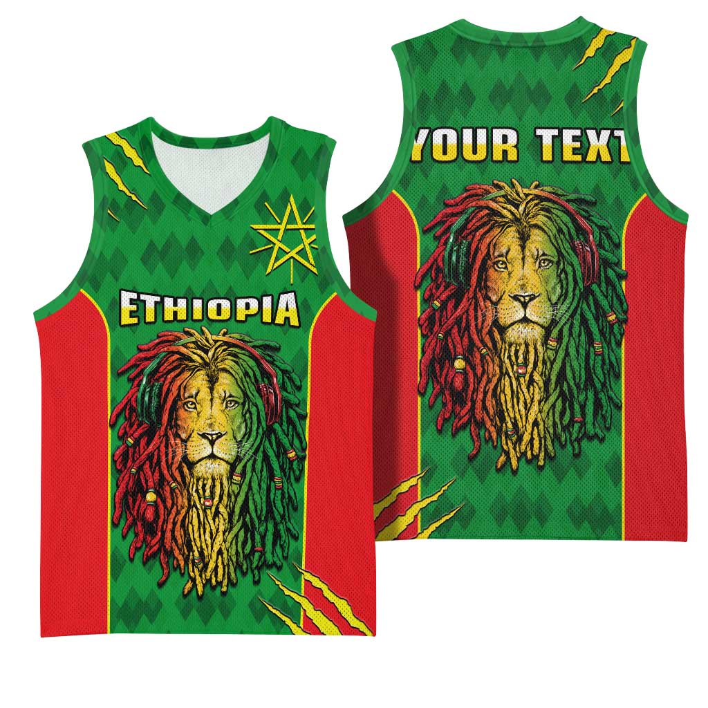 Personalised Ethiopia Basketball Jersey Men's Dreadlock Rasta Lion Headphones LT14
