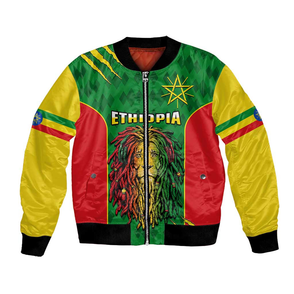 Personalised Ethiopia Bomber Jacket Men's Dreadlock Rasta Lion Headphones