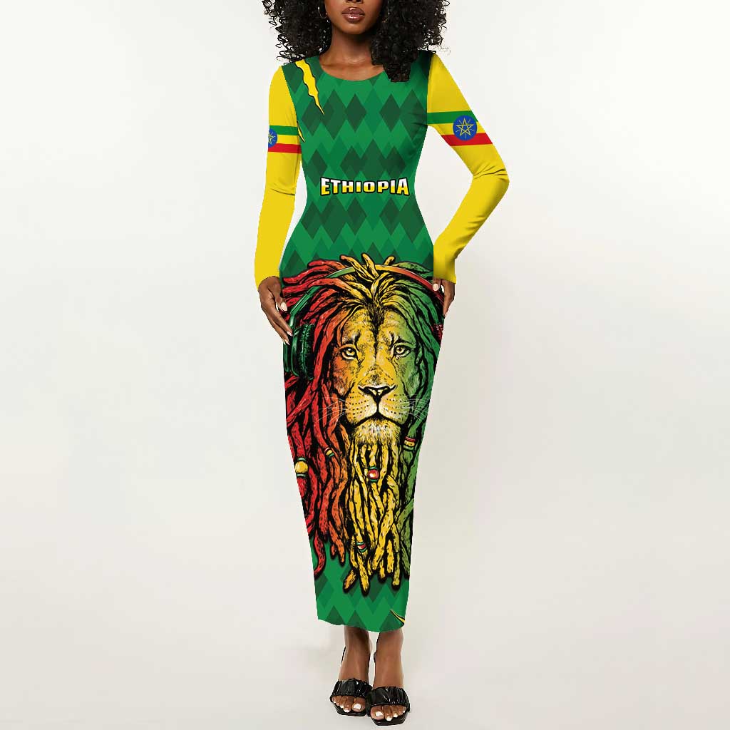 Personalised Ethiopia Long Sleeve Bodycon Dress Men's Dreadlock Rasta Lion Headphones