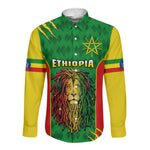 Personalised Ethiopia Long Sleeve Button Shirt Men's Dreadlock Rasta Lion Headphones