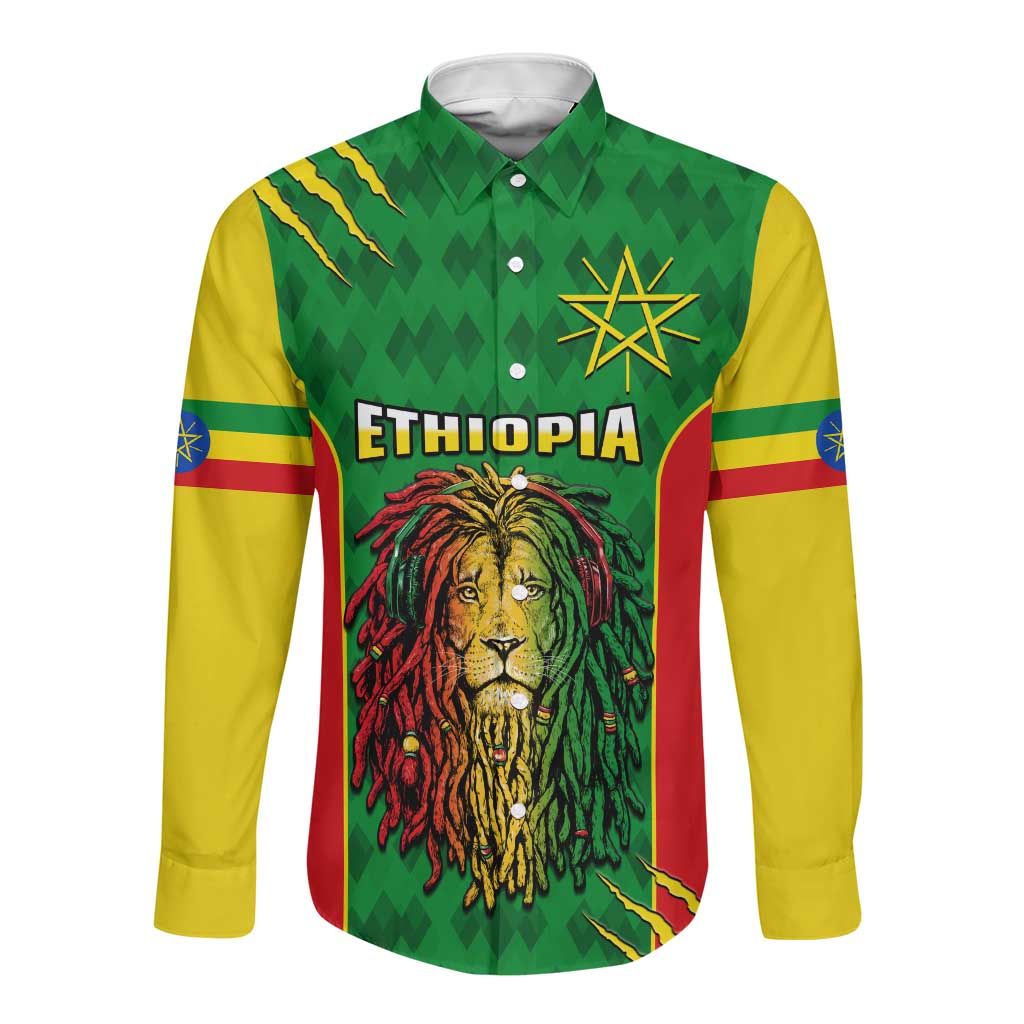 Personalised Ethiopia Long Sleeve Button Shirt Men's Dreadlock Rasta Lion Headphones