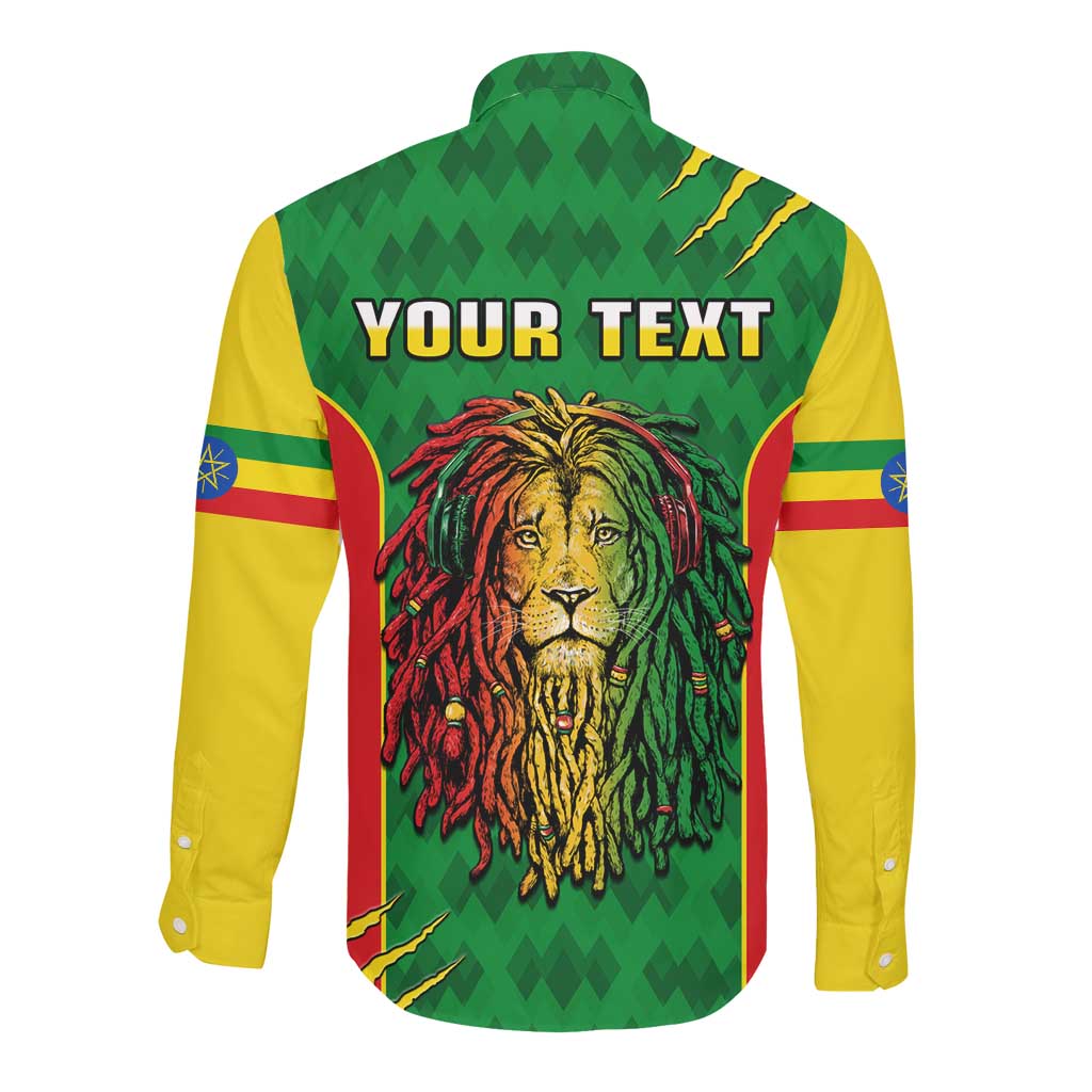 Personalised Ethiopia Long Sleeve Button Shirt Men's Dreadlock Rasta Lion Headphones