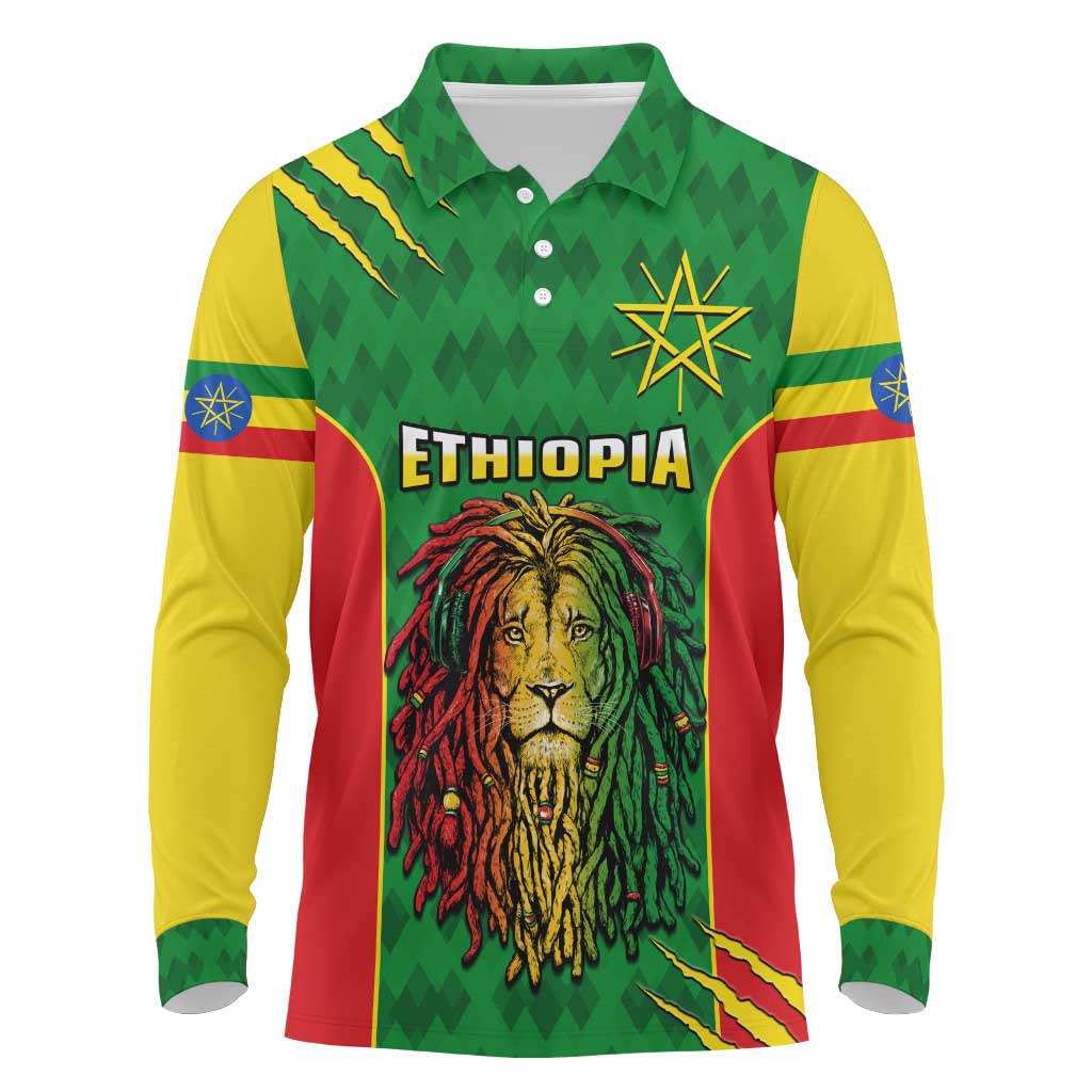 Personalised Ethiopia Long Sleeve Polo Shirt Men's Dreadlock Rasta Lion Headphones