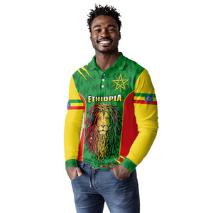 Personalised Ethiopia Long Sleeve Polo Shirt Men's Dreadlock Rasta Lion Headphones