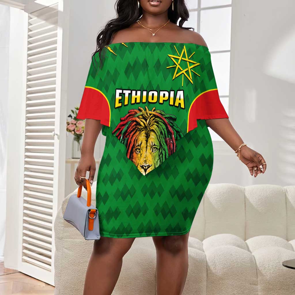 Personalised Ethiopia Off Shoulder Short Dress Men's Dreadlock Rasta Lion Headphones