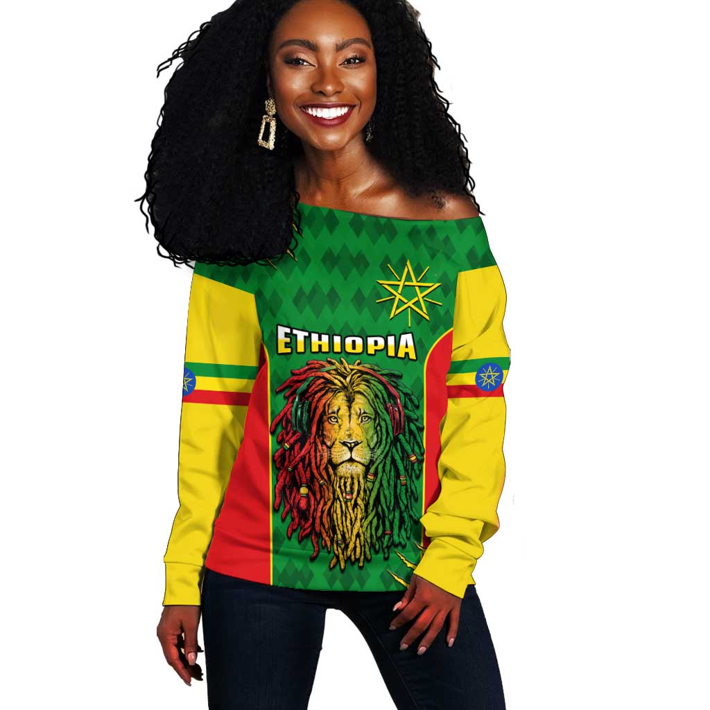 Personalised Ethiopia Off Shoulder Sweater Men's Dreadlock Rasta Lion Headphones