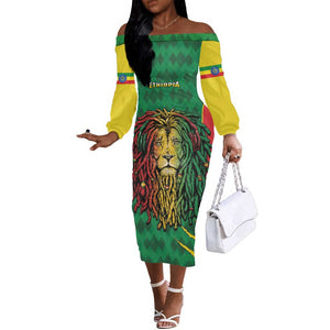 Personalised Ethiopia Off The Shoulder Long Sleeve Dress Men's Dreadlock Rasta Lion Headphones