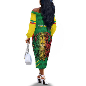 Personalised Ethiopia Off The Shoulder Long Sleeve Dress Men's Dreadlock Rasta Lion Headphones