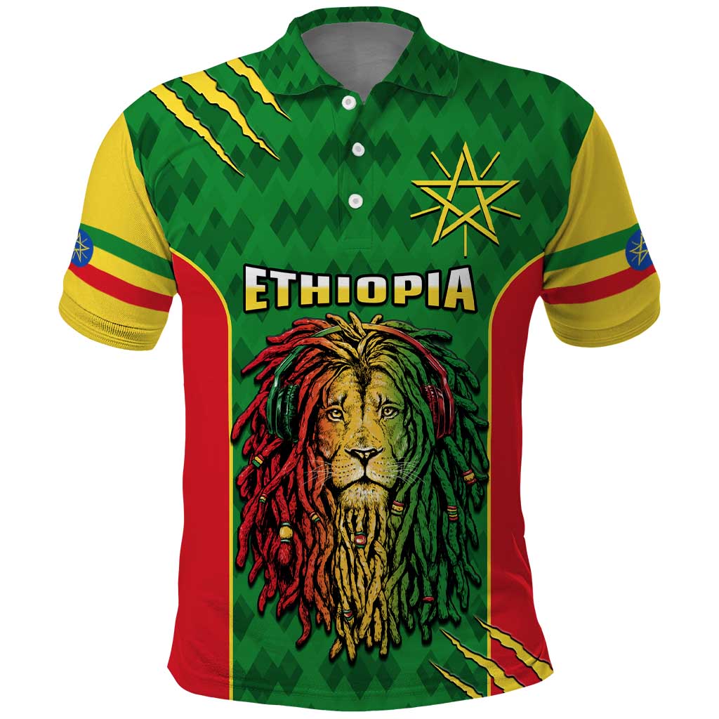 Personalised Ethiopia Polo Shirt Men's Dreadlock Rasta Lion Headphones