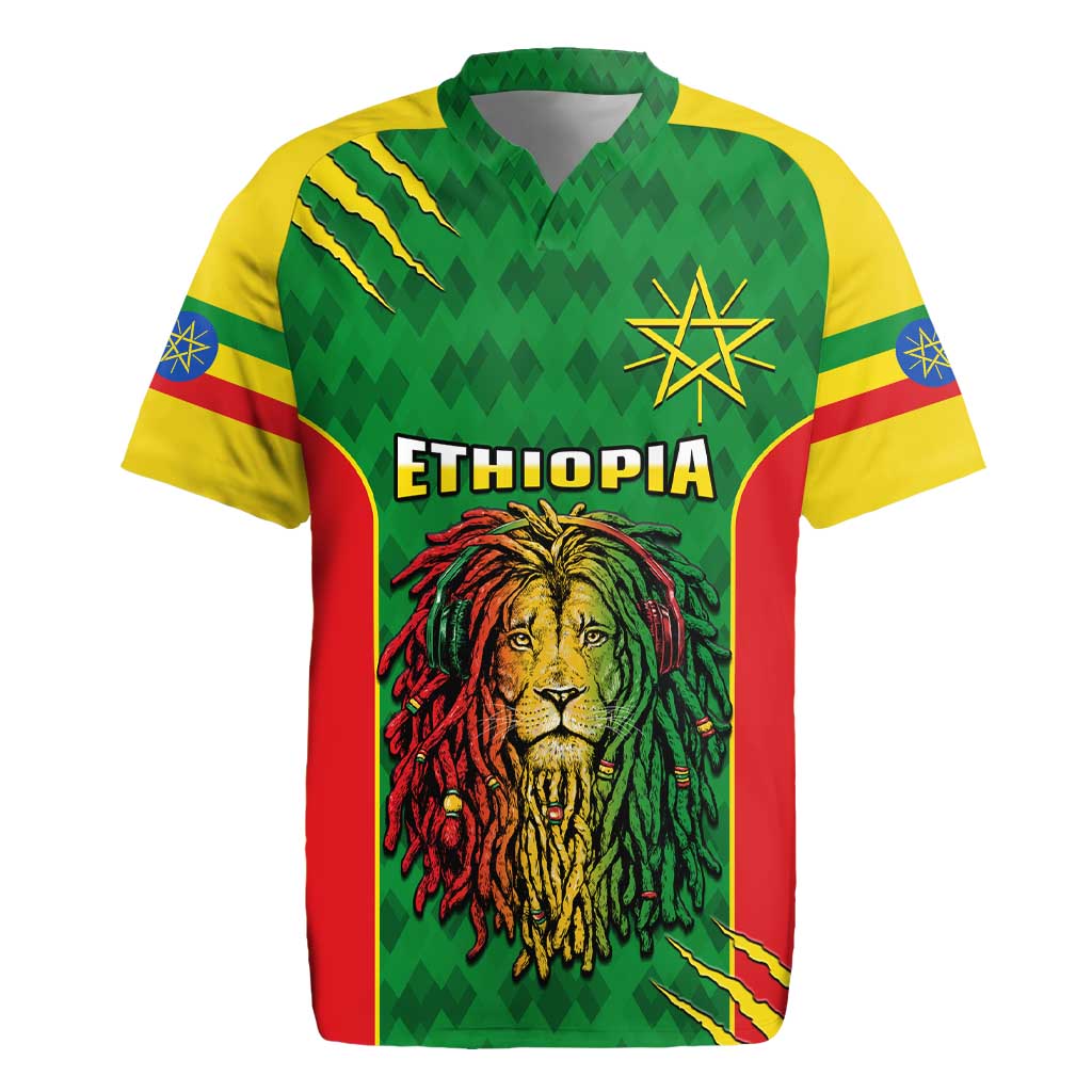 Personalised Ethiopia Rugby Jersey Men's Dreadlock Rasta Lion Headphones