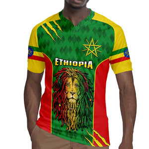 Personalised Ethiopia Rugby Jersey Men's Dreadlock Rasta Lion Headphones