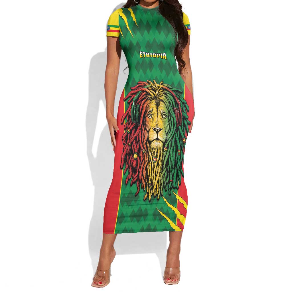 Personalised Ethiopia Short Sleeve Bodycon Dress Men's Dreadlock Rasta Lion Headphones