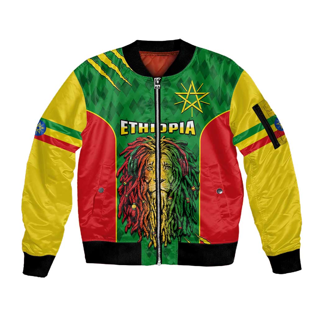 Personalised Ethiopia Sleeve Zip Bomber Jacket Men's Dreadlock Rasta Lion Headphones