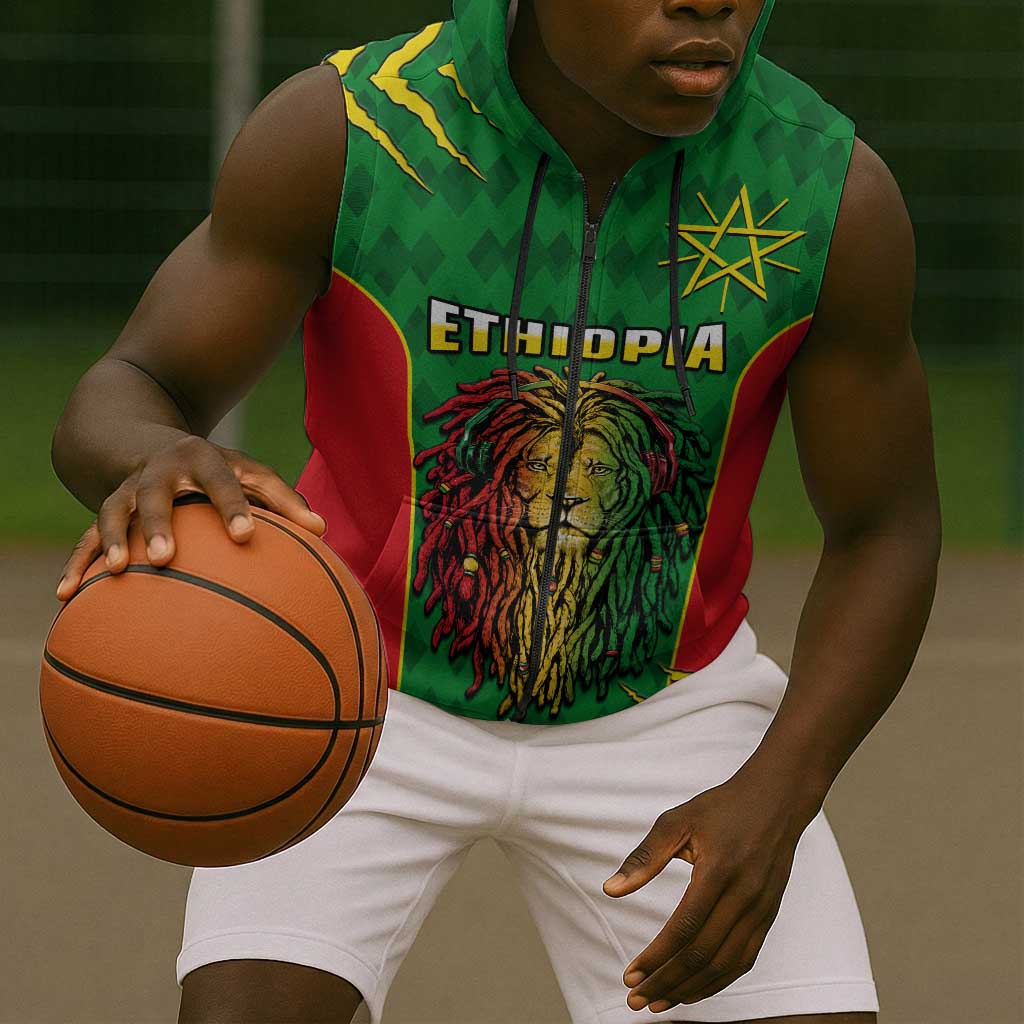 Personalised Ethiopia Sleeveless Zip Hoodie Men's Dreadlock Rasta Lion Headphones - African Pride