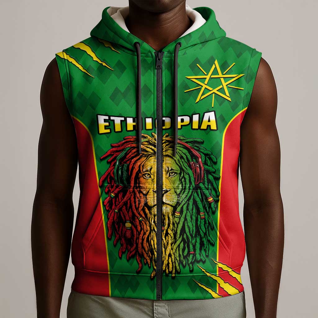 Personalised Ethiopia Sleeveless Zip Hoodie Men's Dreadlock Rasta Lion Headphones - African Pride
