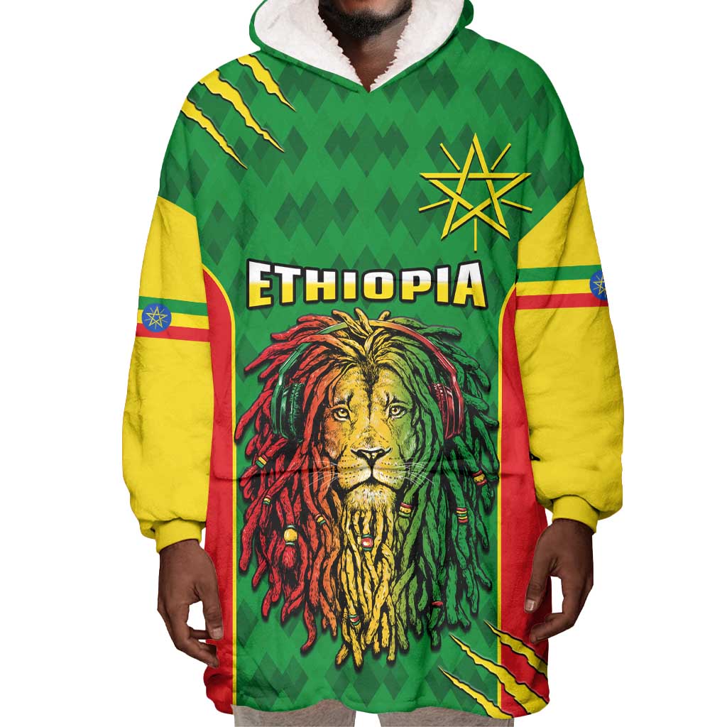 Personalised Ethiopia Wearable Blanket Hoodie Men's Dreadlock Rasta Lion Headphones