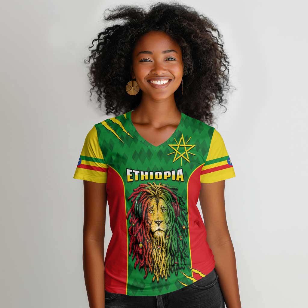 Personalised Ethiopia Women V-Neck T-Shirt Men's Dreadlock Rasta Lion Headphones