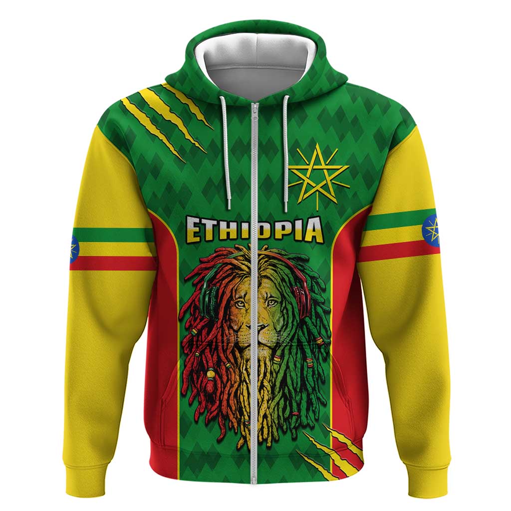 Personalised Ethiopia Zip Hoodie Men's Dreadlock Rasta Lion Headphones