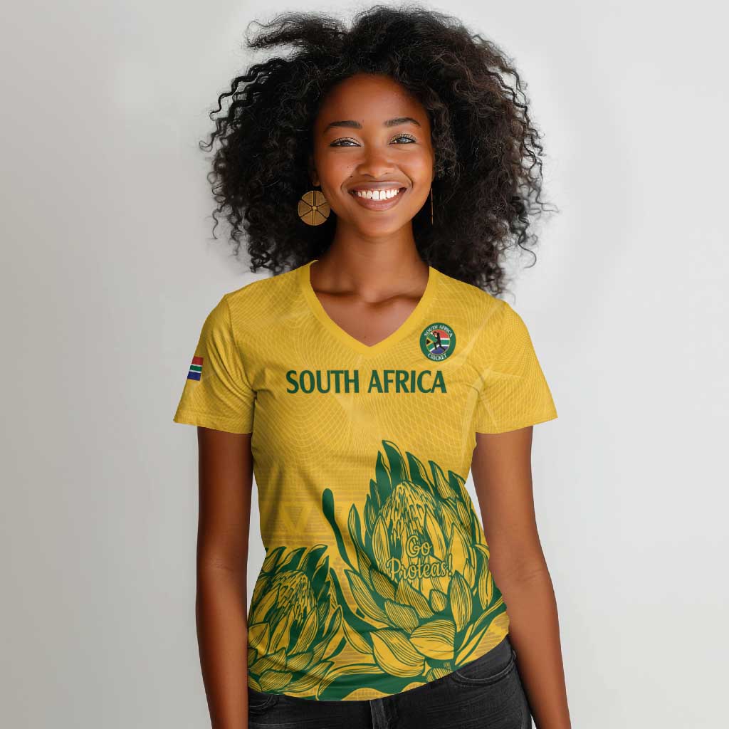 Custom South Africa Cricket Women V-Neck T-Shirt 2024 African Pattern Go Proteas