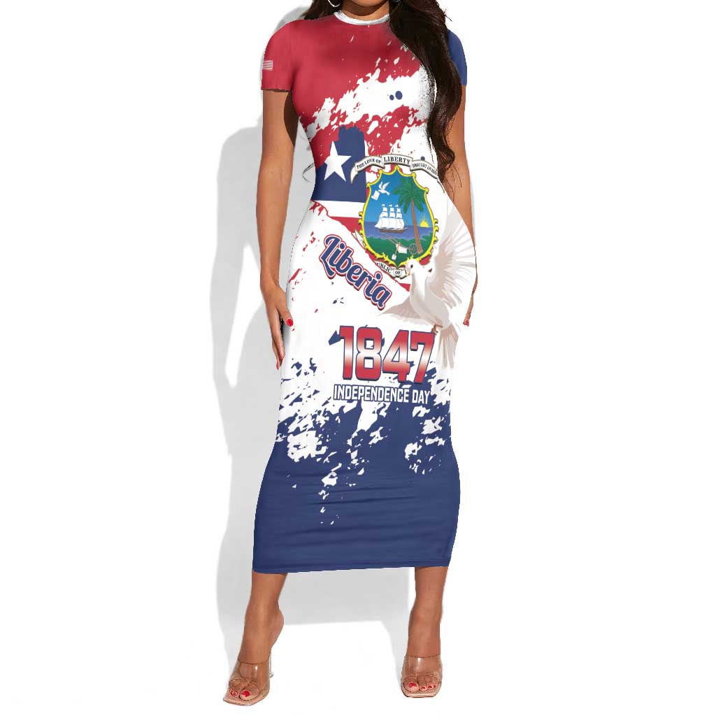 Afro Liberia 1847 Independence Day Short Sleeve Bodycon Dress Coat Of Arms Grunge Style