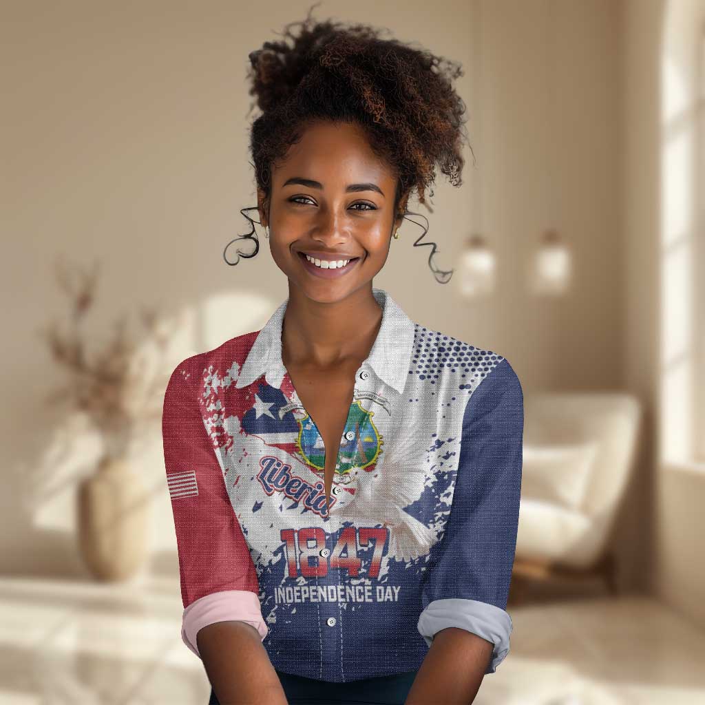 Afro Liberia 1847 Independence Day Women Casual Shirt Coat Of Arms Grunge Style