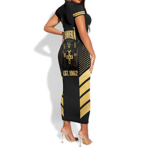 Jumieka Independence Day Short Sleeve Bodycon Dress Out Of Many, One People Gold Color