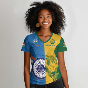 Custom India And South Africa Cricket Women V-Neck T-Shirt 2024 Together Dynamic Version