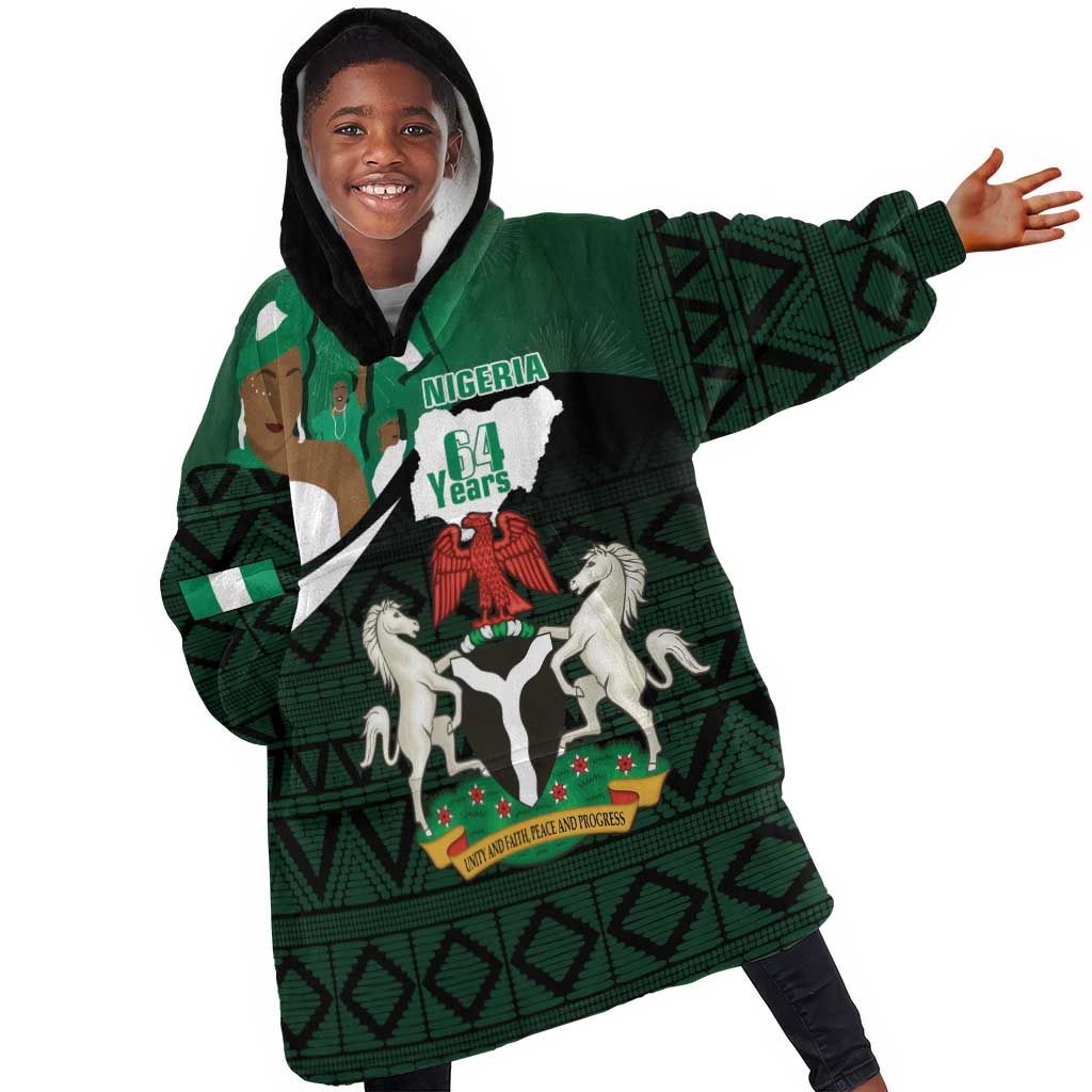 Nigeria Independence Day KId Wearable Blanket Hoodie Happy 64 Years Of Anniversary African Pattern