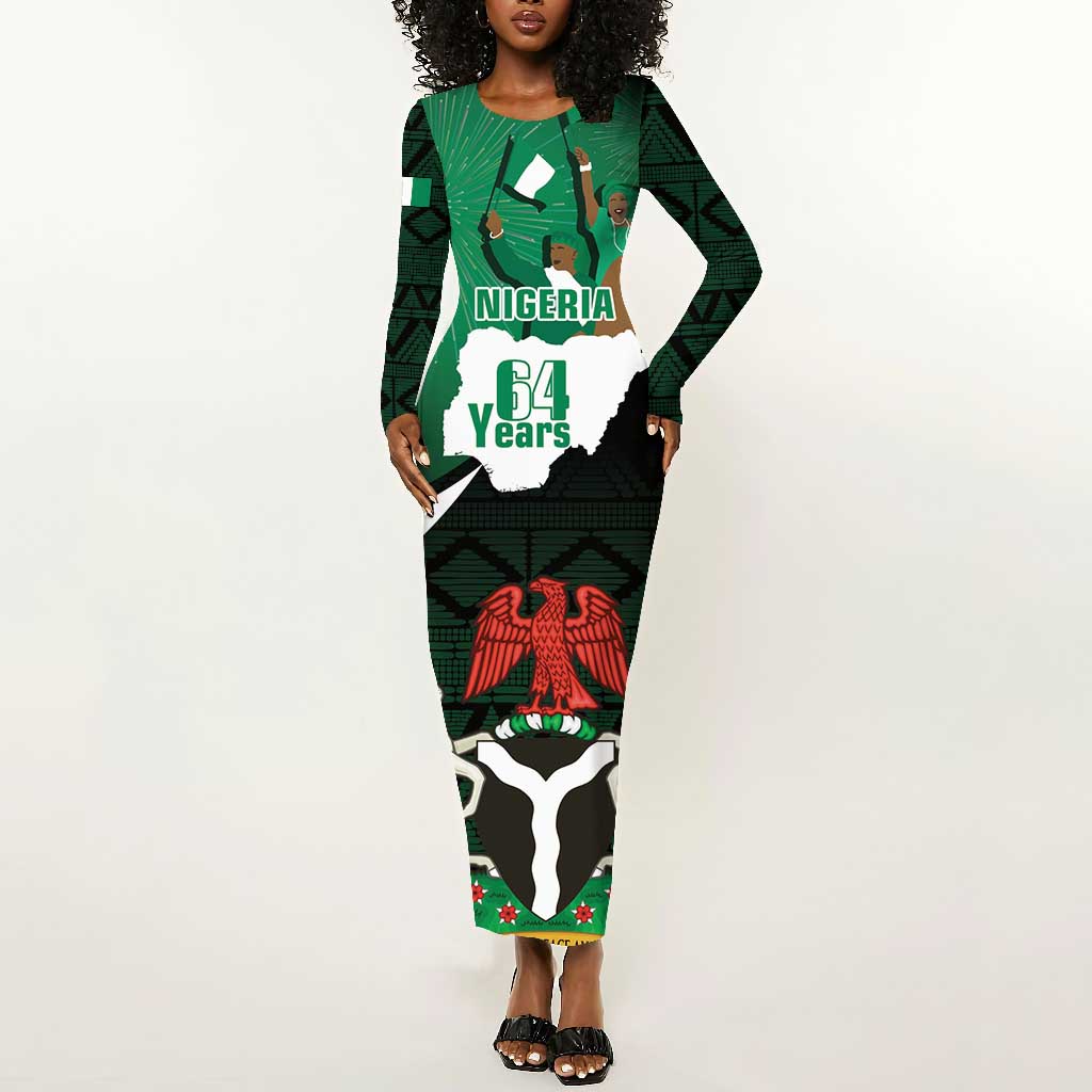 Nigeria Independence Day Long Sleeve Bodycon Dress Happy 64 Years Of Anniversary African Pattern