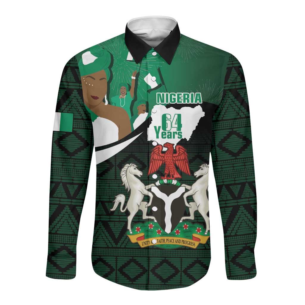 Nigeria Independence Day Long Sleeve Button Shirt Happy 64 Years Of Anniversary African Pattern