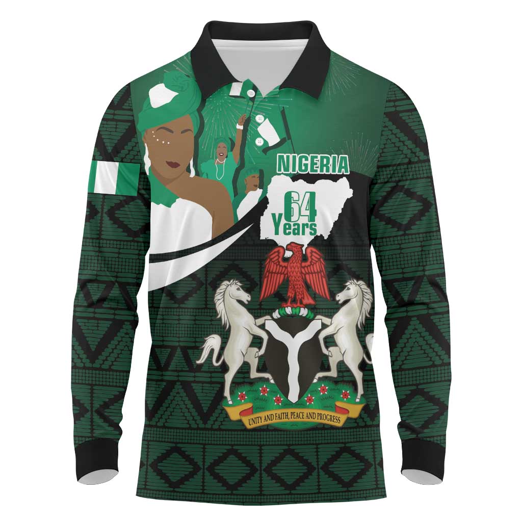 Nigeria Independence Day Long Sleeve Polo Shirt Happy 64 Years Of Anniversary African Pattern