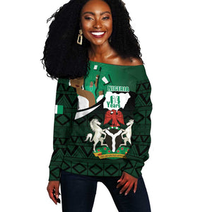 Nigeria Independence Day Off Shoulder Sweater Happy 64 Years Of Anniversary African Pattern