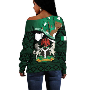 Nigeria Independence Day Off Shoulder Sweater Happy 64 Years Of Anniversary African Pattern