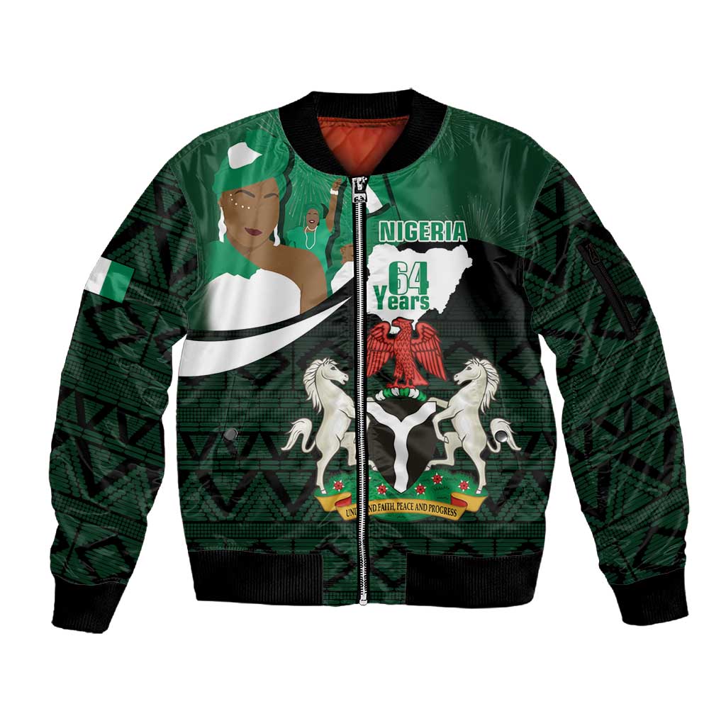 Nigeria Independence Day Sleeve Zip Bomber Jacket Happy 64 Years Of Anniversary African Pattern