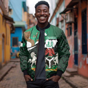 Nigeria Independence Day Sleeve Zip Bomber Jacket Happy 64 Years Of Anniversary African Pattern