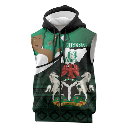 Nigeria Independence Day Sleeveless Zip Hoodie Happy 64 Years Of Anniversary African Pattern - African Pride