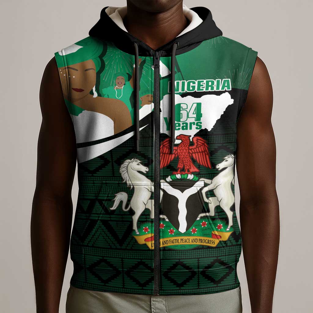 Nigeria Independence Day Sleeveless Zip Hoodie Happy 64 Years Of Anniversary African Pattern - African Pride