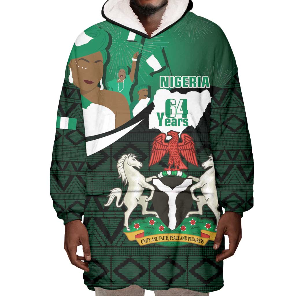 Nigeria Independence Day Wearable Blanket Hoodie Happy 64 Years Of Anniversary African Pattern