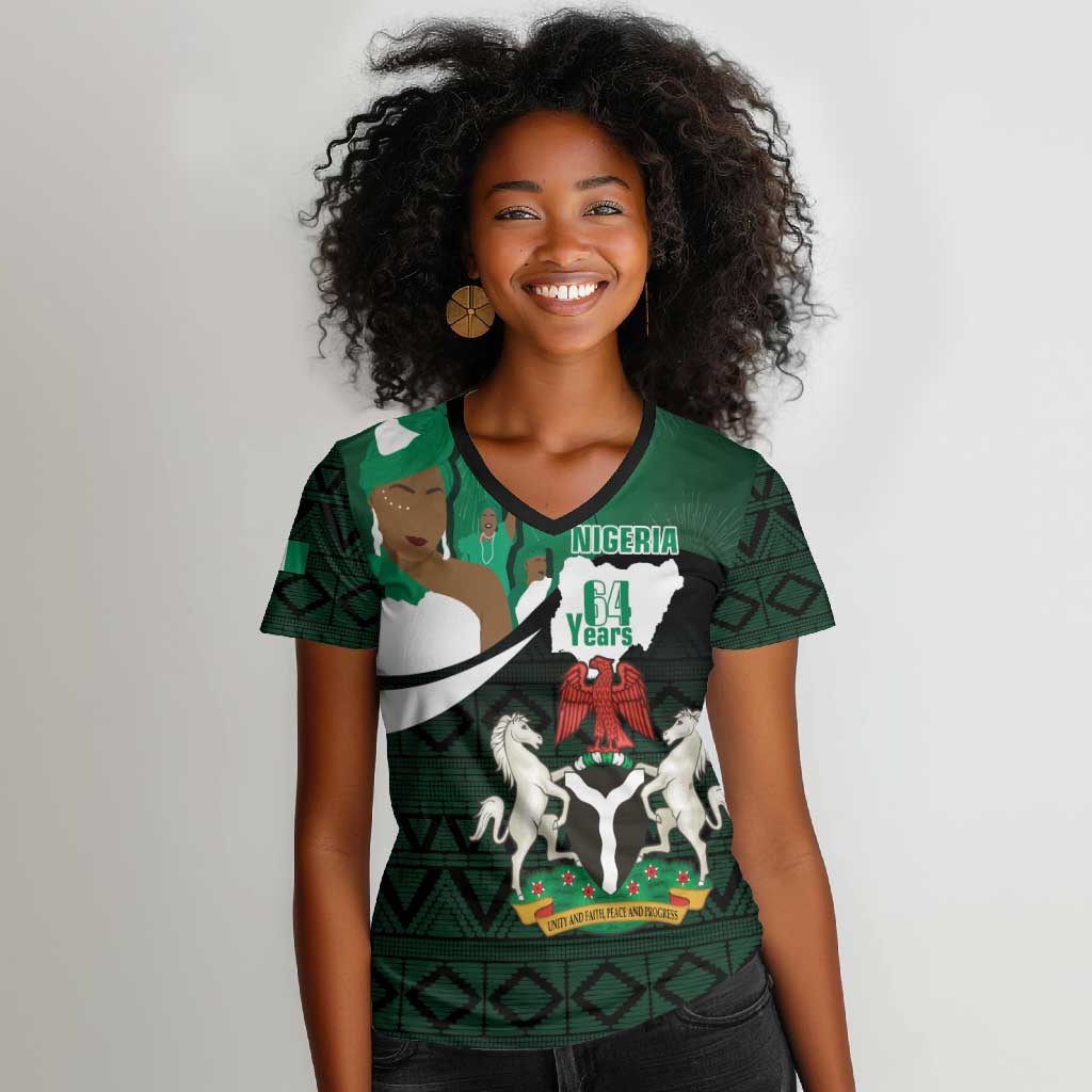 Nigeria Independence Day Women V-Neck T-Shirt Happy 64 Years Of Anniversary African Pattern