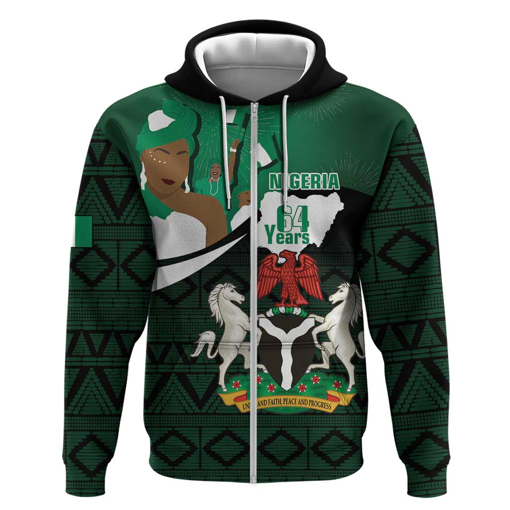 Nigeria Independence Day Zip Hoodie Happy 64 Years Of Anniversary African Pattern