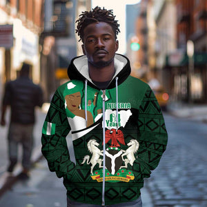 Nigeria Independence Day Zip Hoodie Happy 64 Years Of Anniversary African Pattern