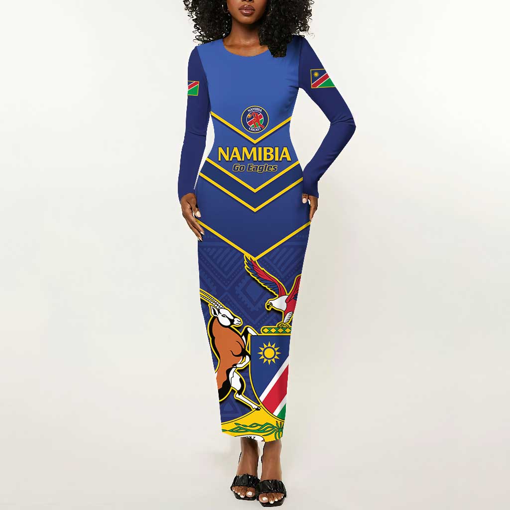 Custom Namibia Cricket Long Sleeve Bodycon Dress 2024 Go Eagles African Pattern