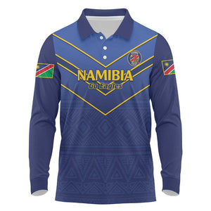 Custom Namibia Cricket Long Sleeve Polo Shirt 2024 Go Eagles African Pattern