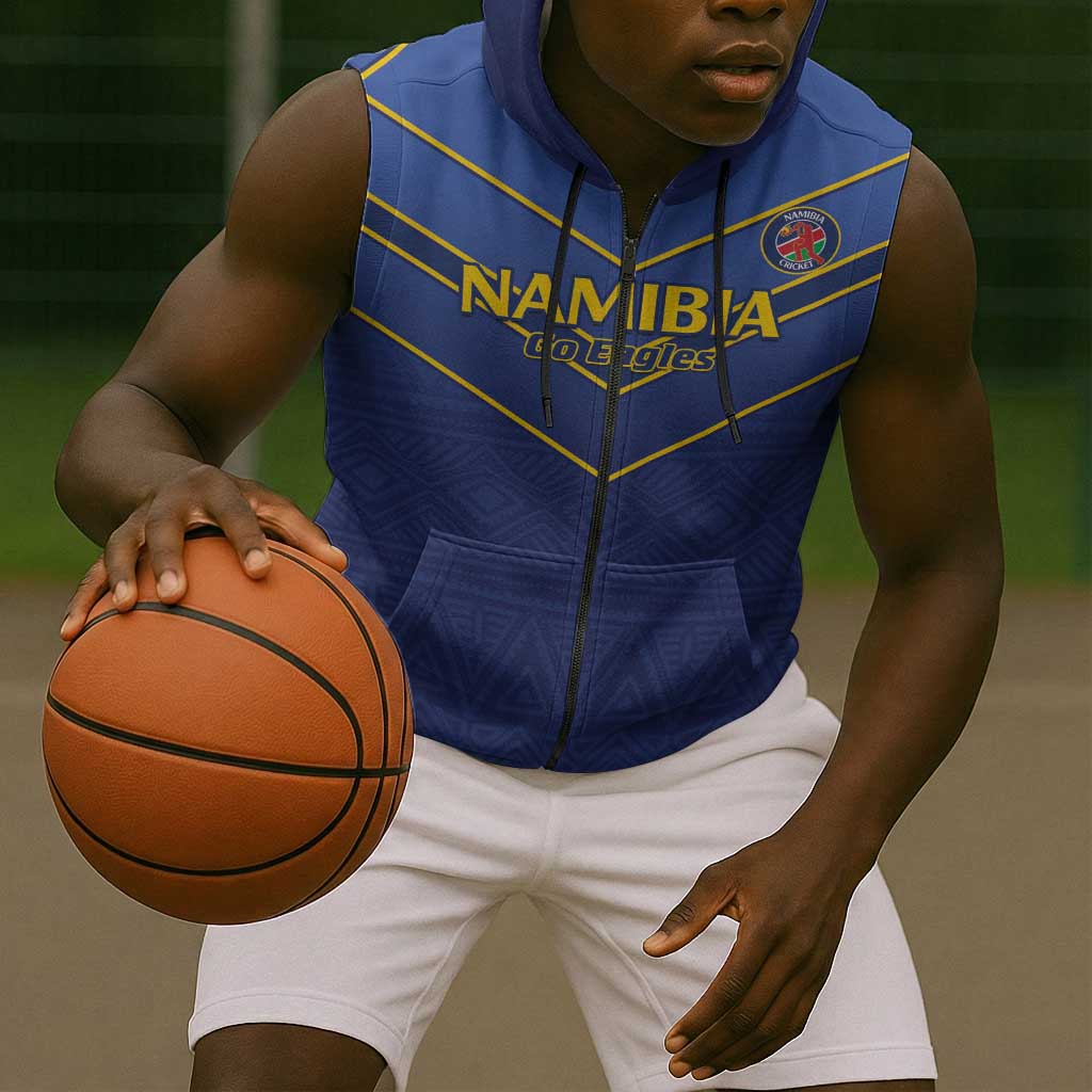 Custom Namibia Cricket Sleeveless Zip Hoodie 2024 Go Eagles African Pattern - African Pride