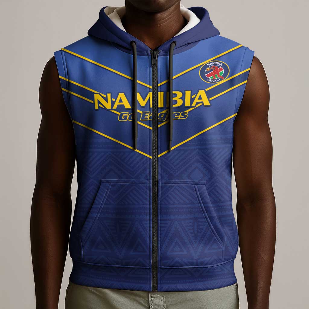 Custom Namibia Cricket Sleeveless Zip Hoodie 2024 Go Eagles African Pattern - African Pride