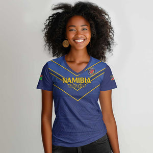 Custom Namibia Cricket Women V-Neck T-Shirt 2024 Go Eagles African Pattern