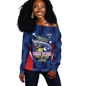 Custom Vozinha Cabo Verde Football Off Shoulder Sweater Tubaroes Azuis Man Of The Match